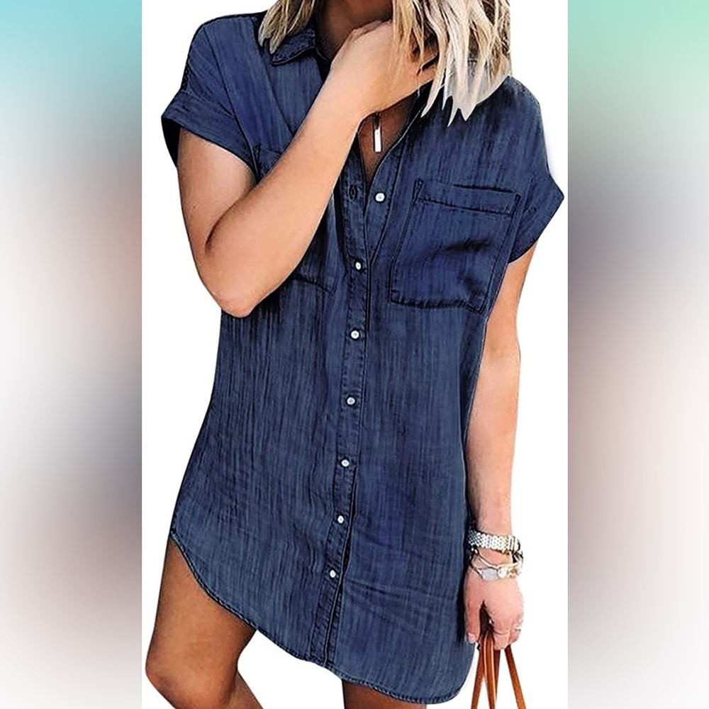 Women's Dark Denim Blue Button Down Tunic Dress Top Beach Dress Size Large NWT